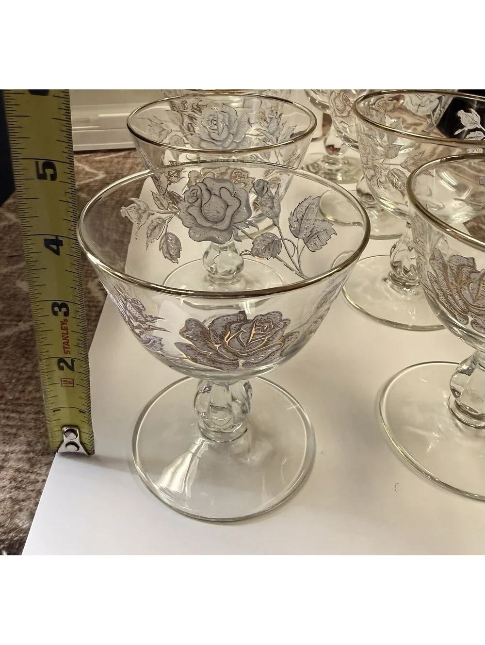 Vintage Libby Rose Set of 8 Clear Champagne Coupe Glasses Etched Gold Rim Floral